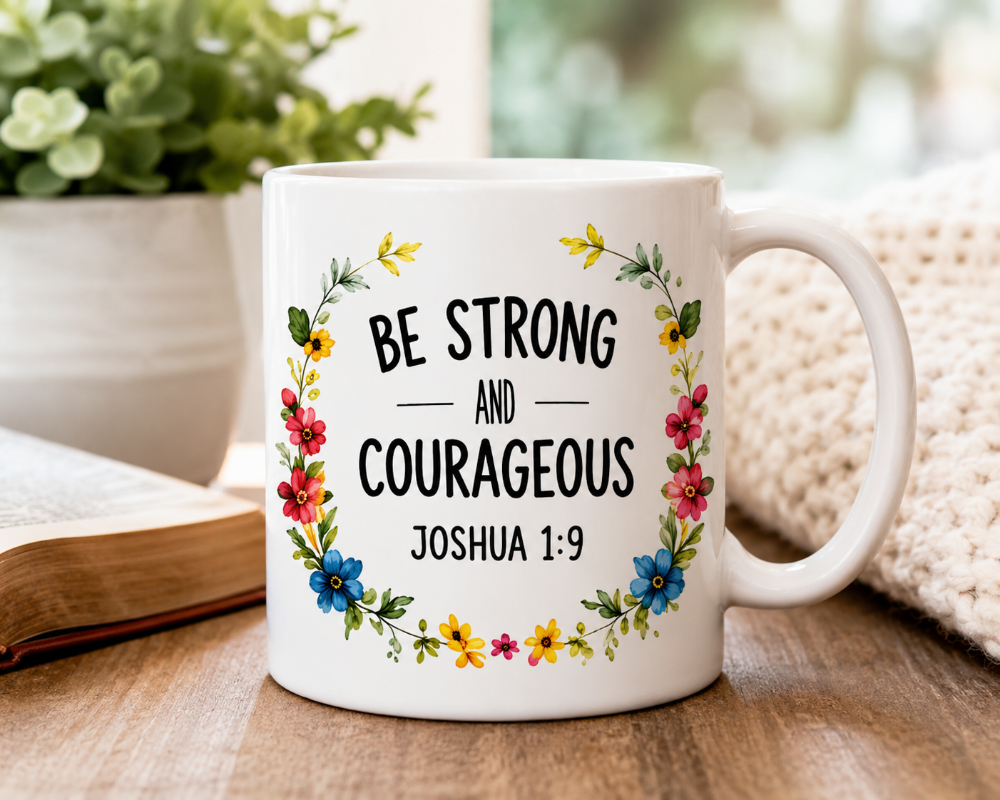 A white ceramic mug with a floral wreath design and the text 'BE STRONG AND COURAGEOUS JOSHUA 1:9' printed on the front, set on a wooden table with an open book, a potted plant, and a knitted blanket in the background.