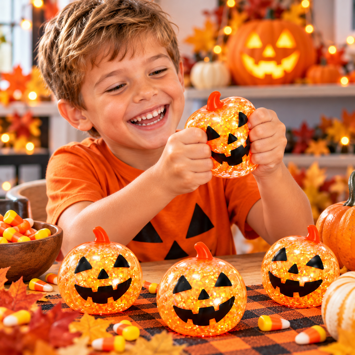 Smiling child playing with a glitter pumpkin squishy toy at a Halloween table with fall decorations