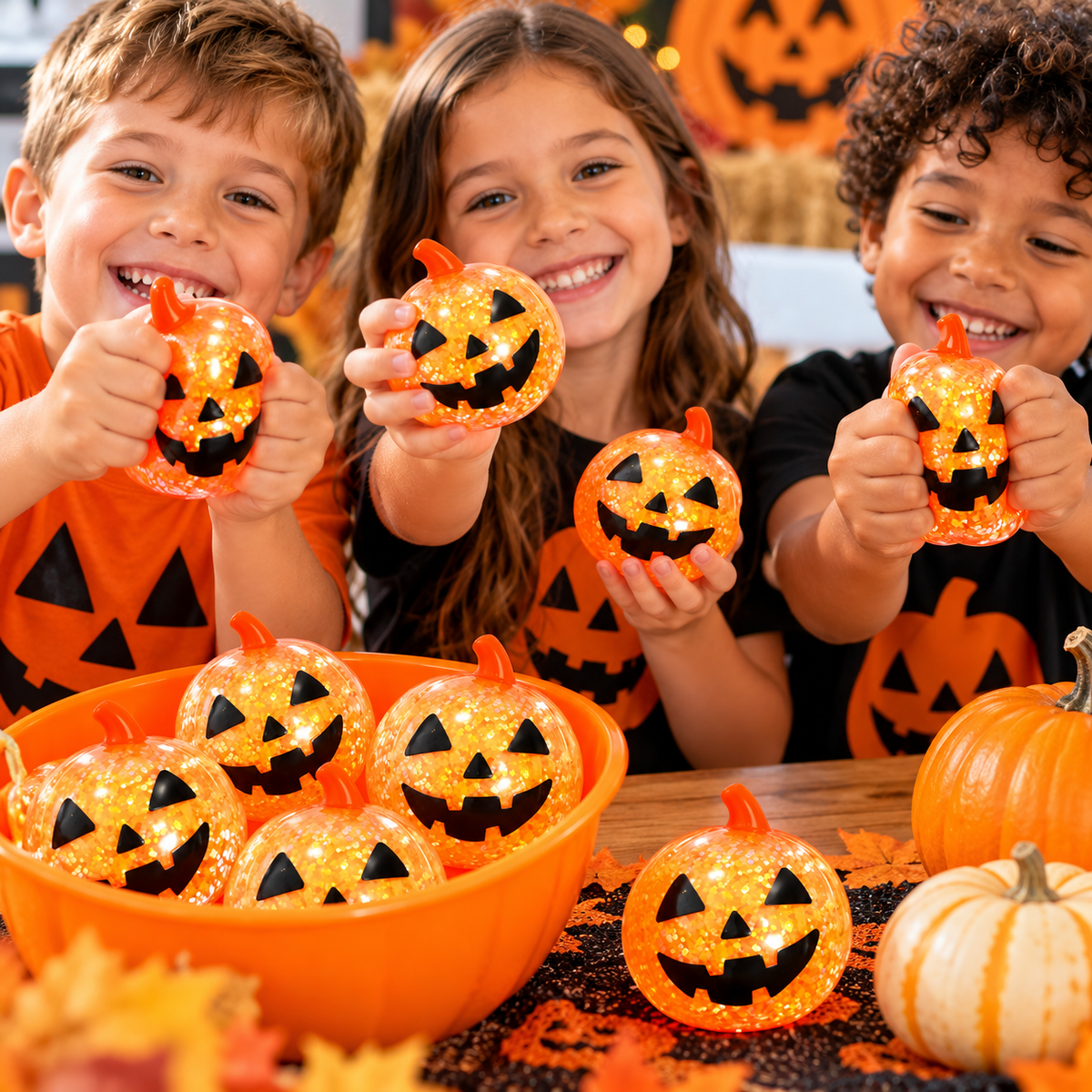 Kids holding glitter pumpkin squishy toys at a Halloween party table with orange bowl and pumpkins