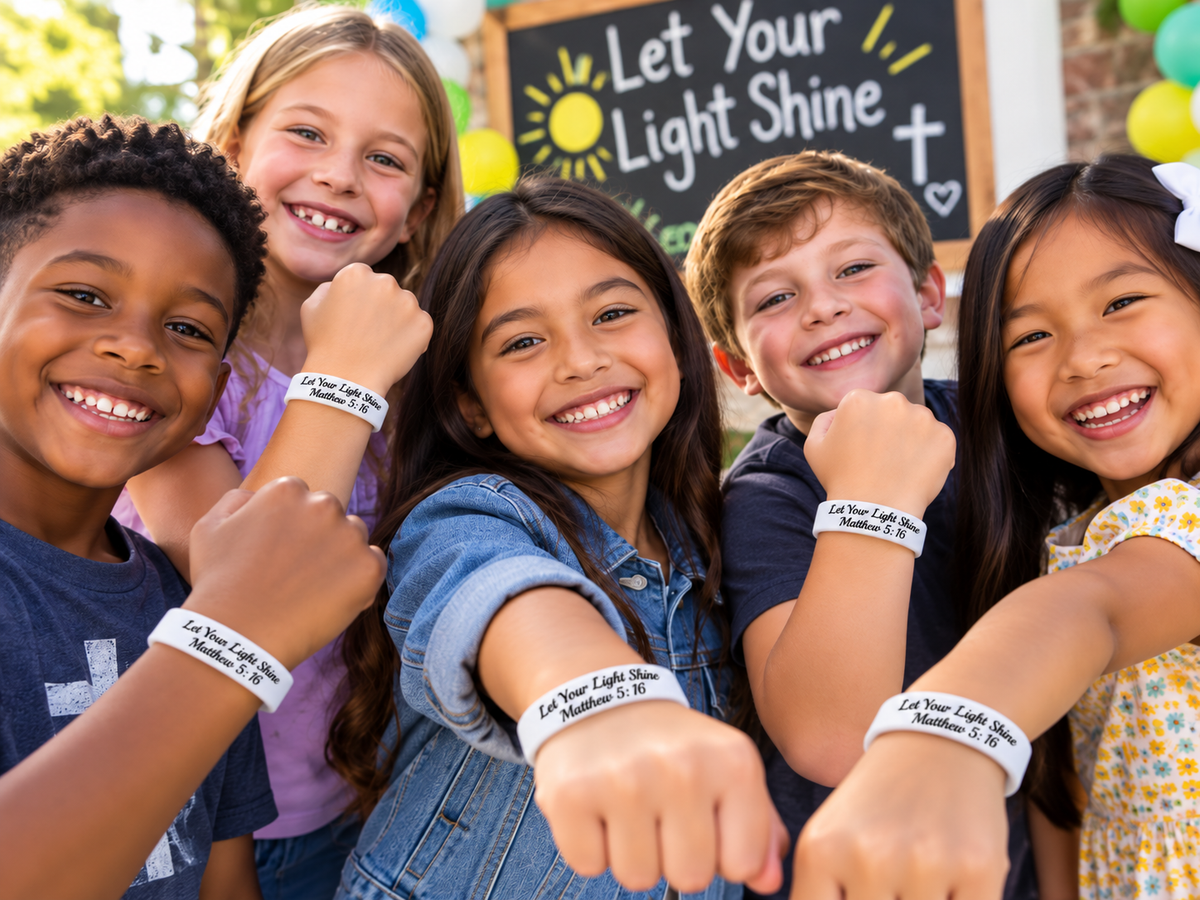 Smiling children wearing white “Let Your Light Shine Matthew 5:16” silicone bracelets at a fun church or kids event.