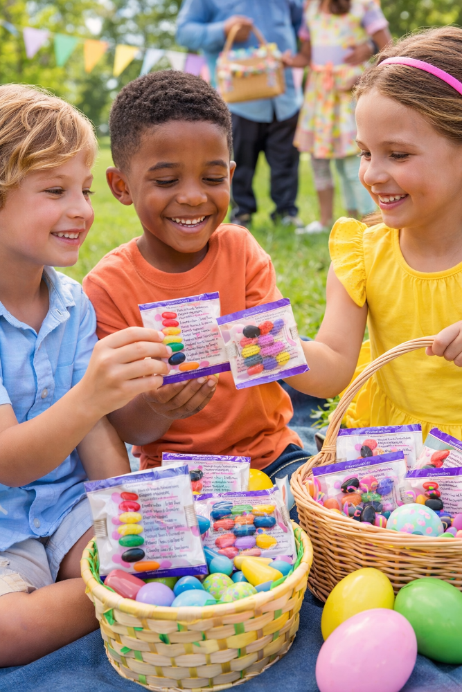 Children with Easter baskets and Christian candy in a park setting