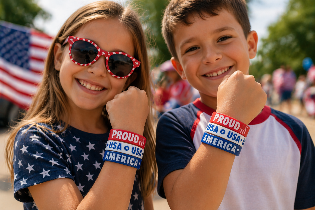 Two children wearing 'Proud USA' wristbands with an American flag in the background.