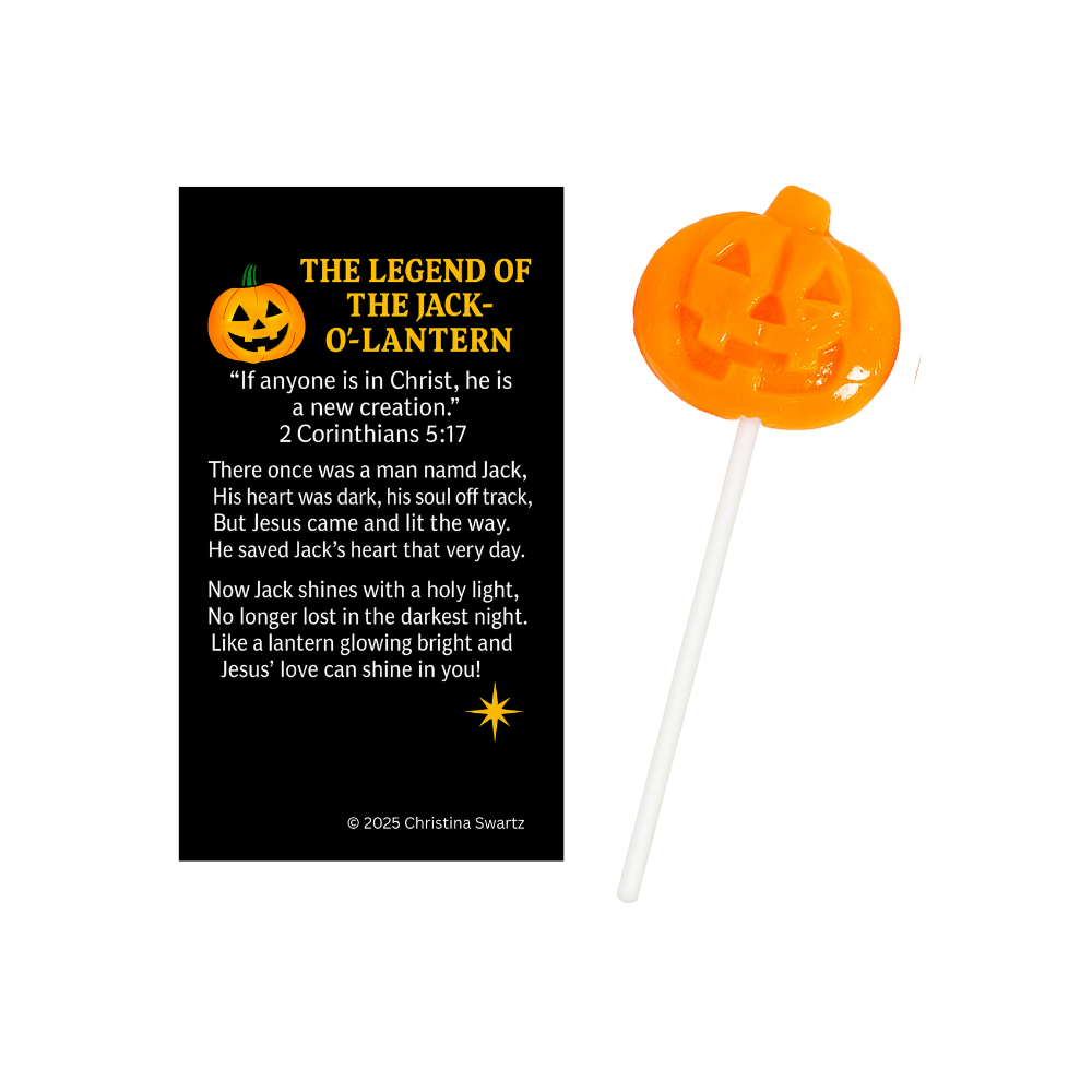 Jack-o'-lantern lollipop with a black card featuring a quote on a white background