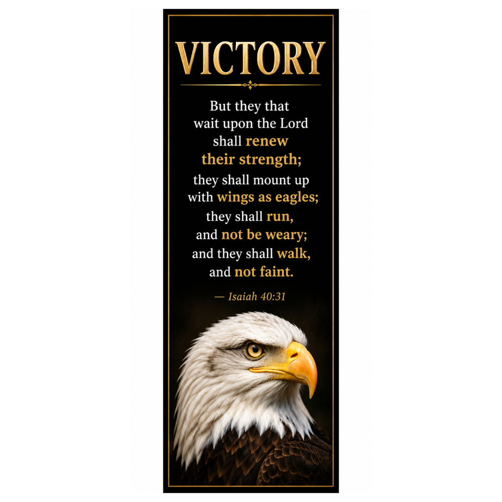 A tall, narrow decorative print or sign with a black background, gold 'VICTORY' text at the top, a Bible verse from Isaiah 40:31 in the center, and a detailed bald eagle head and shoulders illustration at the bottom.