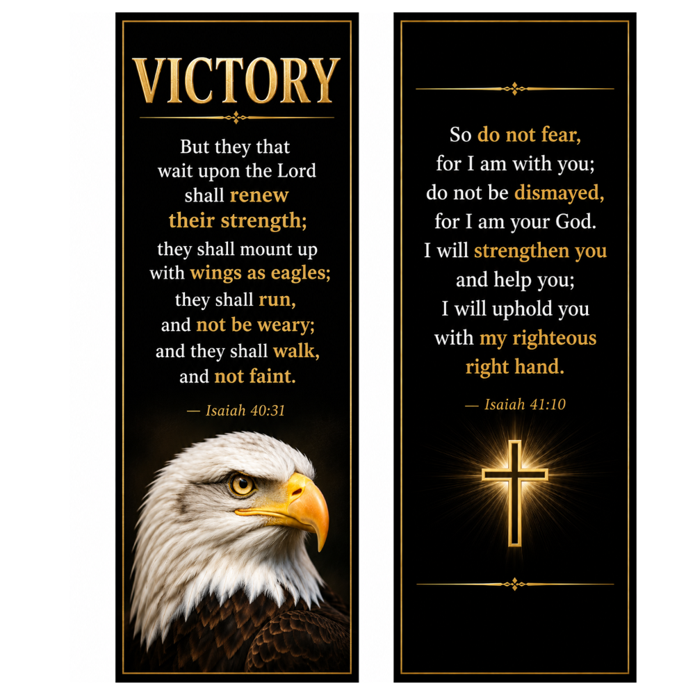 Two vertical black prayer banners with gold borders and text, featuring a bald eagle on the left banner and a glowing gold cross on the right banner, shown side by side on a white background.