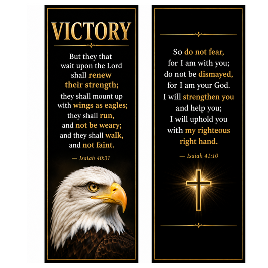 Two vertical black prayer banners with gold borders and text, featuring a bald eagle on the left banner and a glowing gold cross on the right banner, shown side by side on a white background.