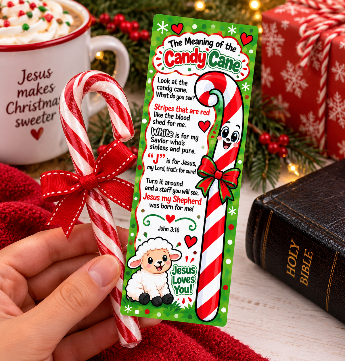 100 Pack Meaning of the Candy Cane Bookmarks for Kids | Bulk Christian Christmas Favors and Sunday School Handouts