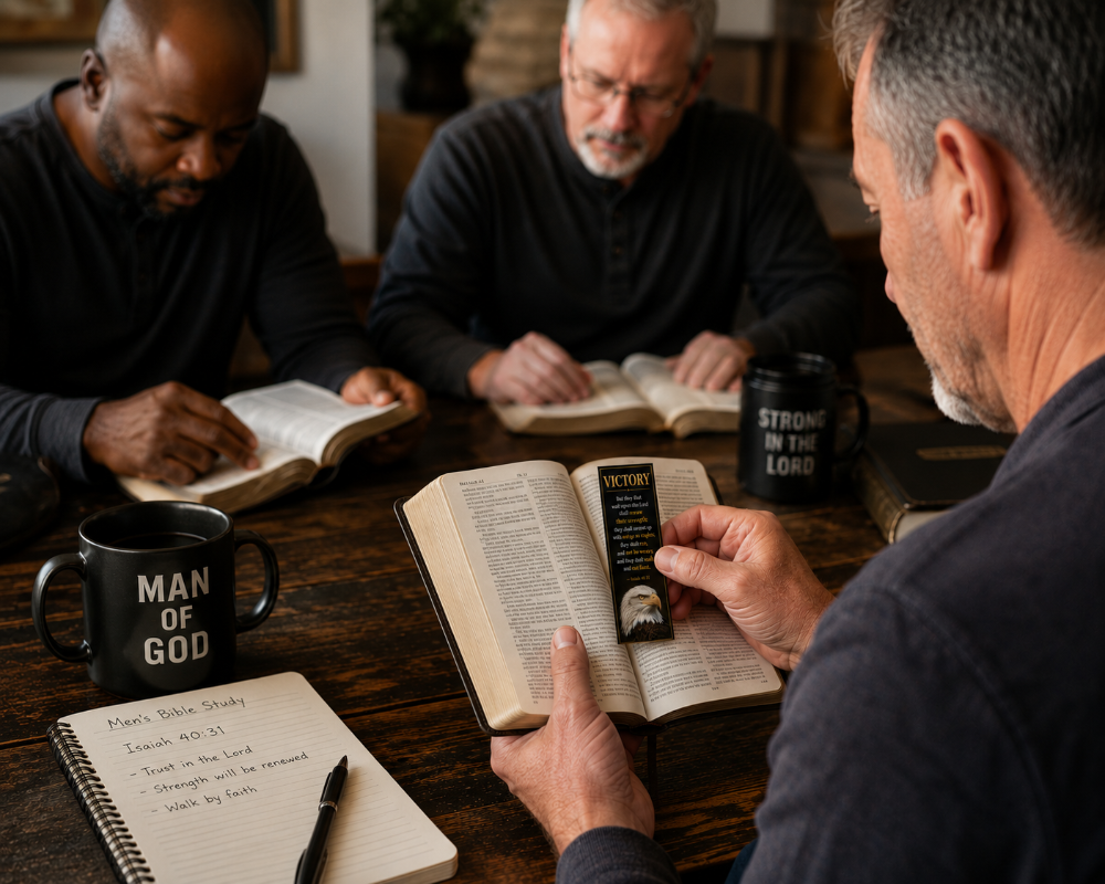 Three men gathered around a wooden table, reading and discussing a Bible. One man holds an open Bible with a bookmark, while others look down at their own Bibles.