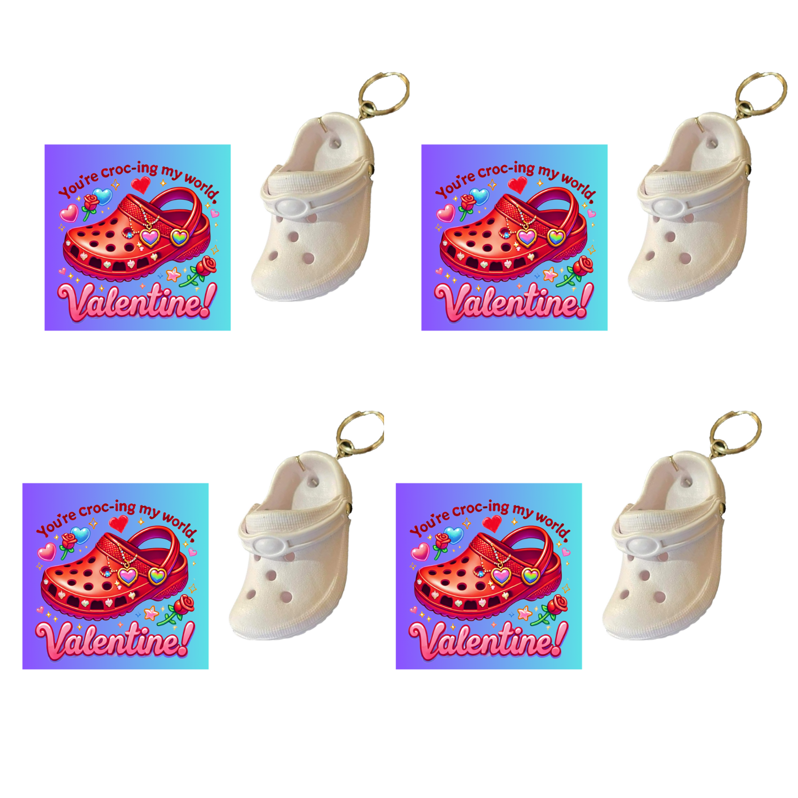 Customizable White Clog Shoe Keychains with Valentine Exchange Cards