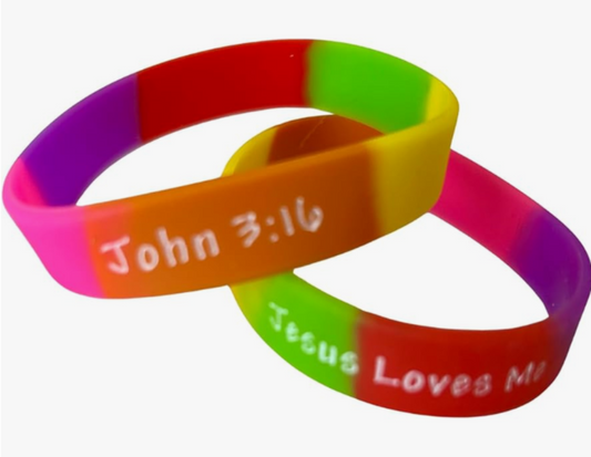 Jesus loves me bible verse john 3 16 Colorful silicone wristbands with religious text on a white background