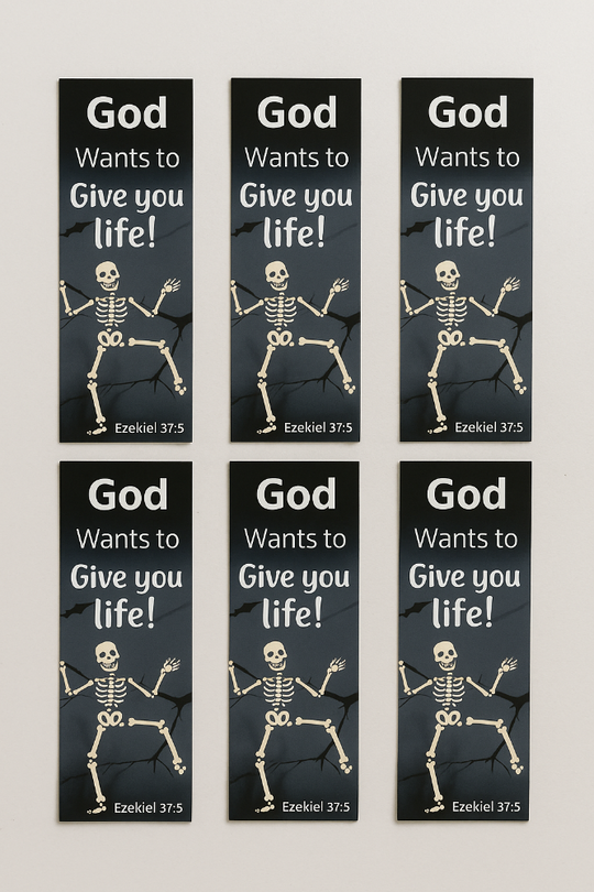Nine glossy Christian Halloween bookmarks arranged neatly on a white table, each featuring the verse Ezekiel 37:5 with a skeleton design and the text ‘God Wants to Give You Life
