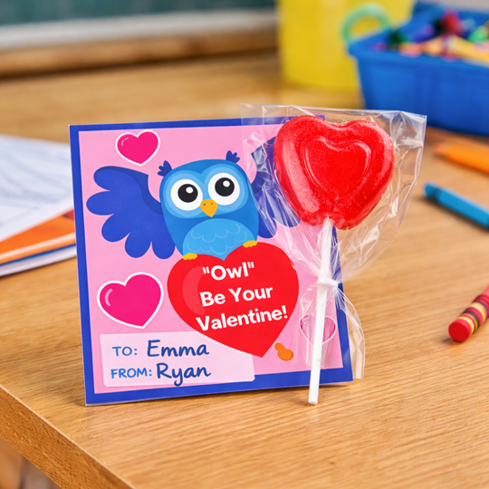 Valentine's Day card with a blue owl and red heart lollipop on a wooden surface.