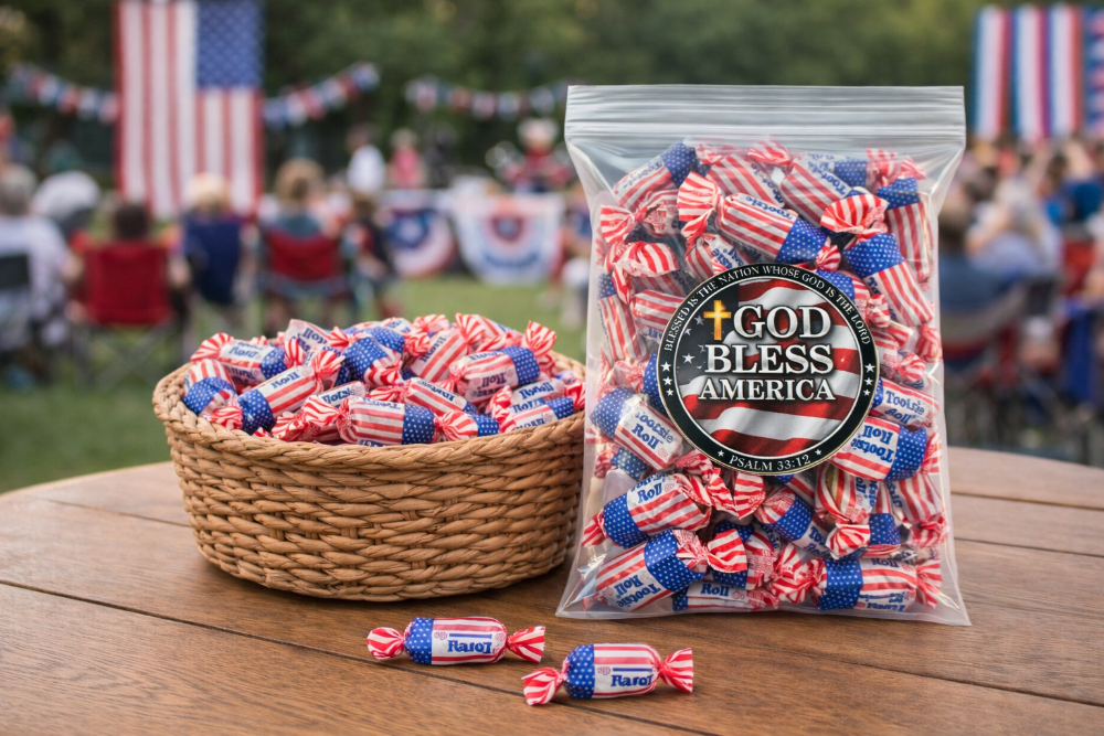 Bag of red, white, and blue candy with 'God Bless America' label on a wooden table outdoors.