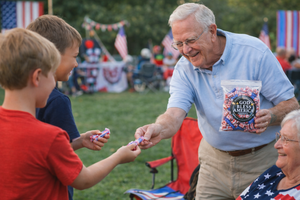 Man handing out candy to children at a patriotic event with American flags in the background