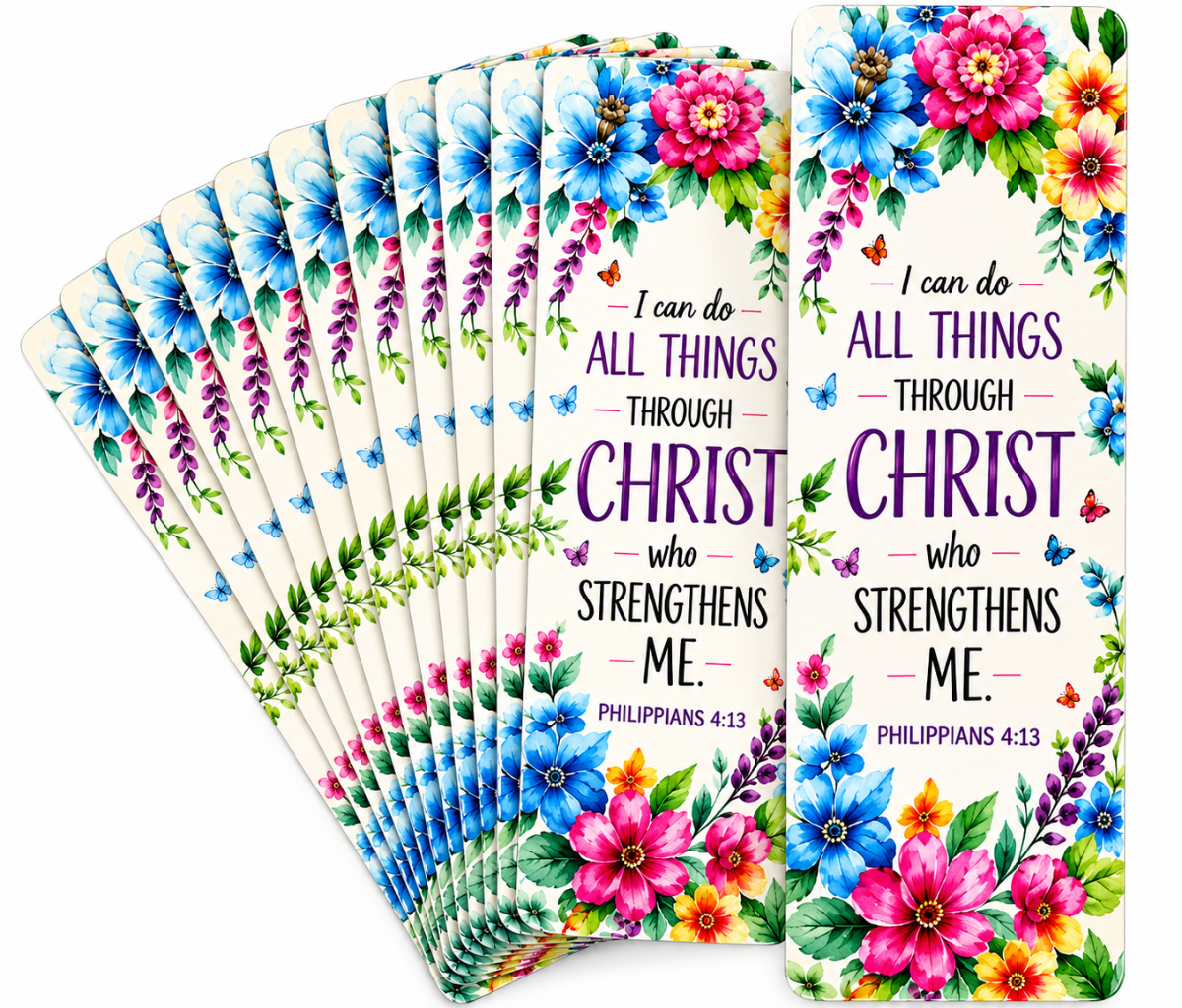 Floral Philippians 4:13 Christian bookmark featuring “I can do all things through Christ who strengthens me,” perfect for Bible study, church gifts, and Christian encouragement.
