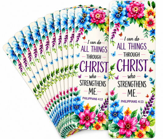 Floral Philippians 4:13 Christian bookmark featuring “I can do all things through Christ who strengthens me,” perfect for Bible study, church gifts, and Christian encouragement.