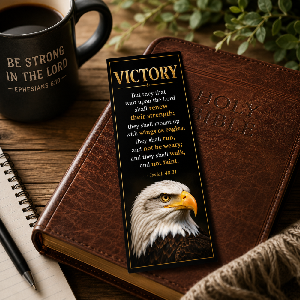 A rectangular bookmark or prayer card with a black background, gold 'VICTORY' title, Bible verse text, and a bald eagle illustration, placed on top of a brown leather-bound Holy Bible. The scene is styled on a wooden surface with a black coffee mug, spiral notebook, pen, and greenery in the background.