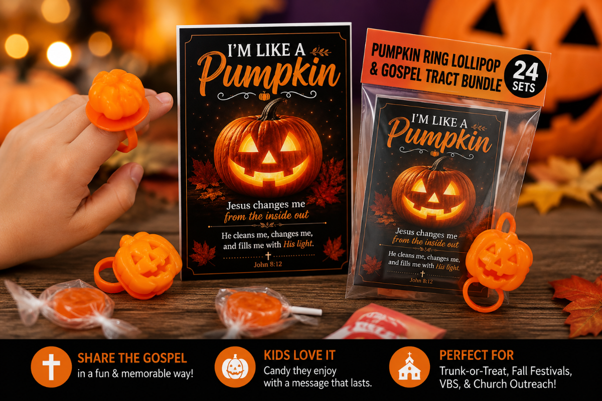 Halloween-themed candy and tract bundle display with a hand holding an orange pumpkin ring lollipop, a printed card reading 'I'm Like a Pumpkin,' a packaged set labeled 'Pumpkin Ring Lollipop & Gospel Tract Bundle 24 Sets,' and fall leaves on a wooden surface.
