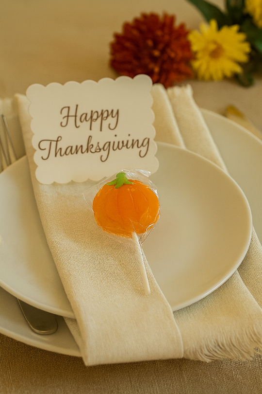 Thanksgiving place setting with a pumpkin-themed spoon and 'Happy Thanksgiving' card.