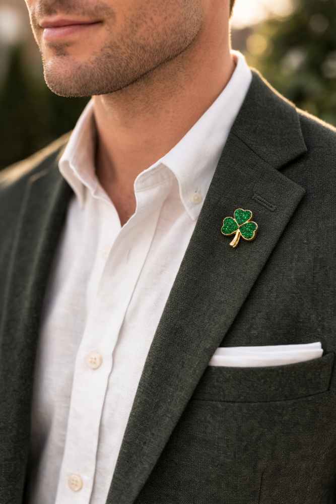 Man wearing a dark gray blazer with a white shirt and a green brooch.