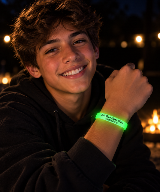 Teen boy wearing a glowing “Let Your Light Shine Matthew 5:16” bracelet at night with a warm firelight background.