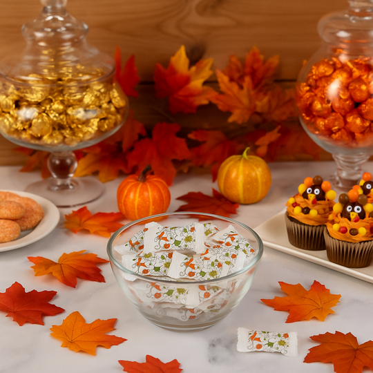 Decorative table setting with fall-themed candies, leaves, and pumpkins.