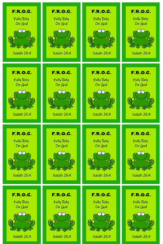 Twenty-five F.R.O.G. pocket prayer cards with green frog design and Isaiah 26:4 Bible verse arranged in rows on a white background.
