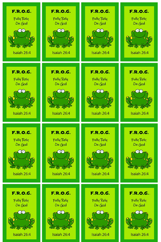 Twenty-five F.R.O.G. pocket prayer cards with green frog design and Isaiah 26:4 Bible verse arranged in rows on a white background.
