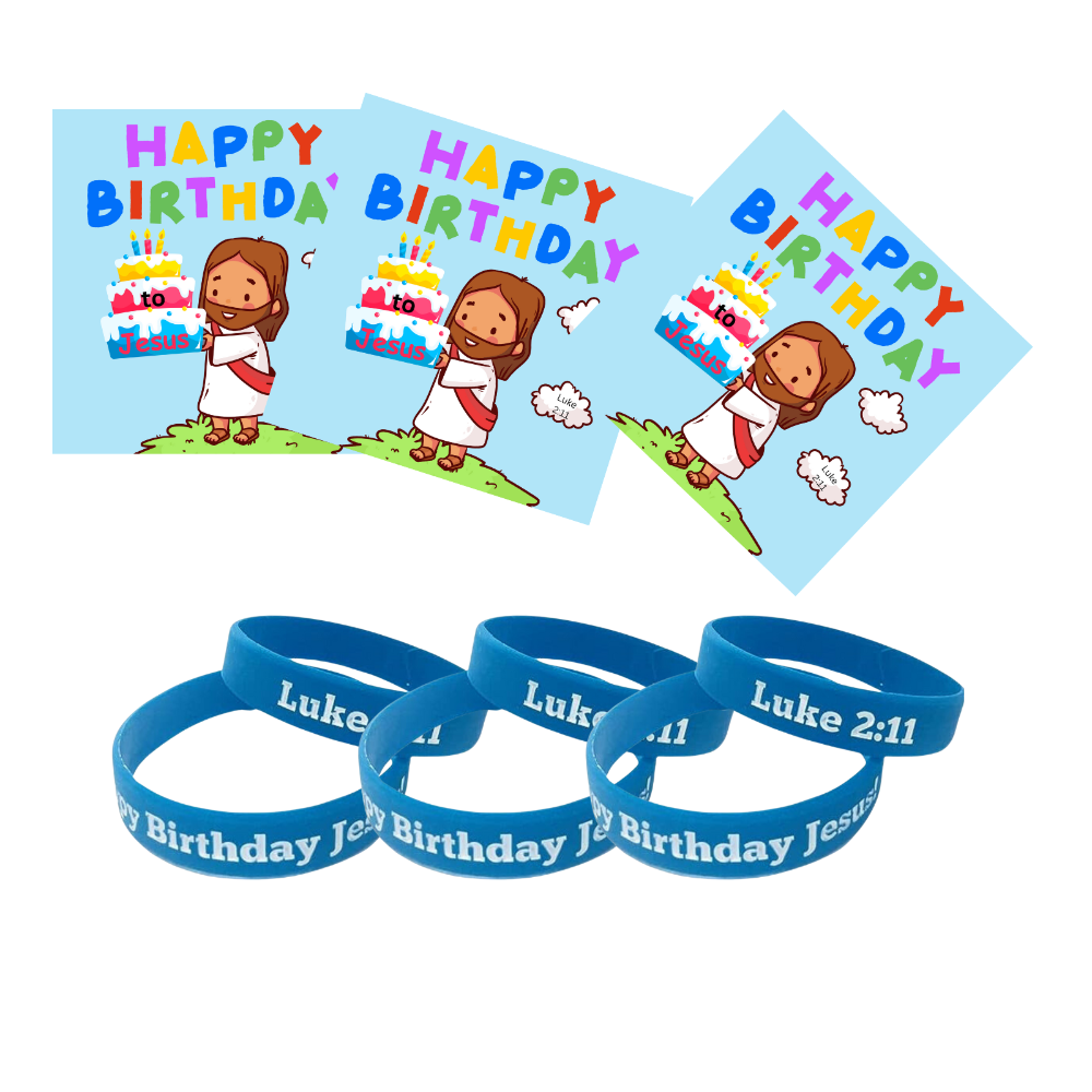 A set of two blue silicone wristbands with 'Happy Birthday Jesus' and 'LUKE 2:11' printed on them, alongside colorful Christmas-themed greeting cards featuring an illustration of Jesus and a birthday cake.