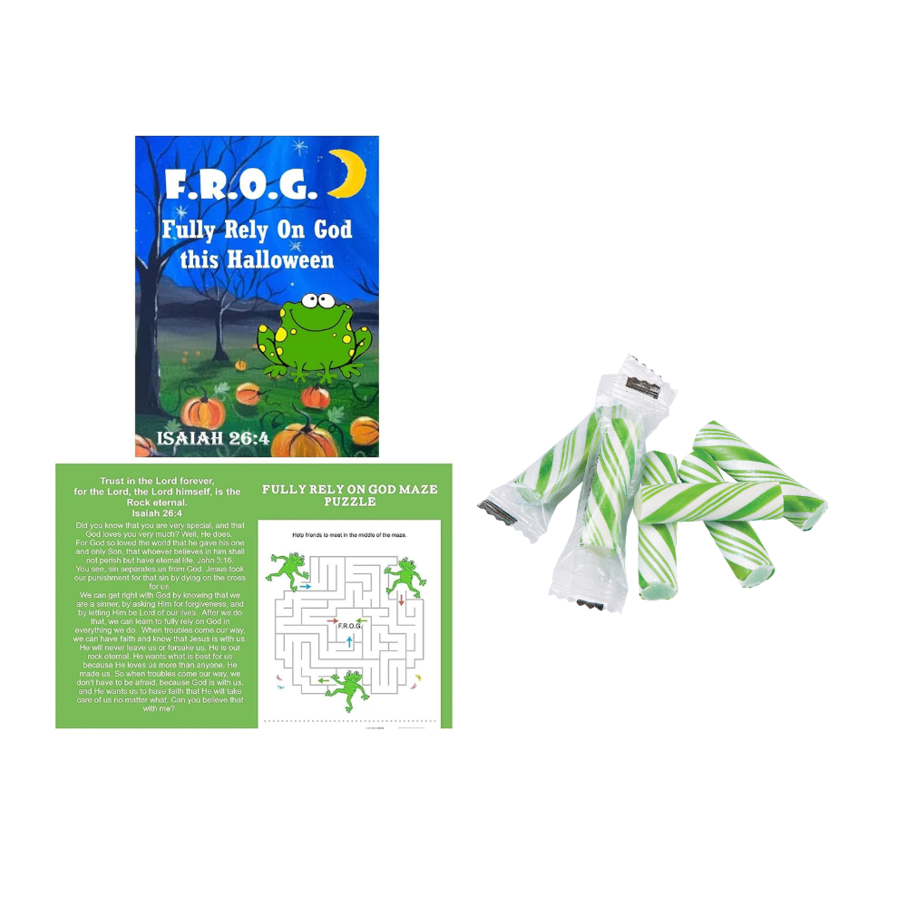 Bulk Fully Rely On God Halloween Gospel tracts with green apple candy sticks for trunk or treat church events
