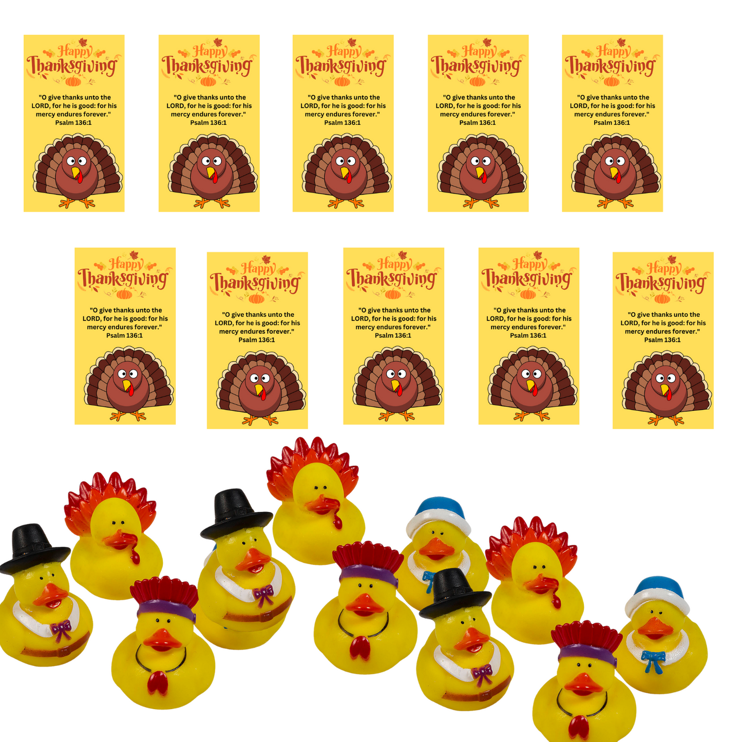 12 Sets Of Give Thanks Happy Thanksgiving Christian Greeting Cards Bible Verse Psalm 136:1 With Mini 2" Vinyl Thanksgiving Turkey Rubber Ducks