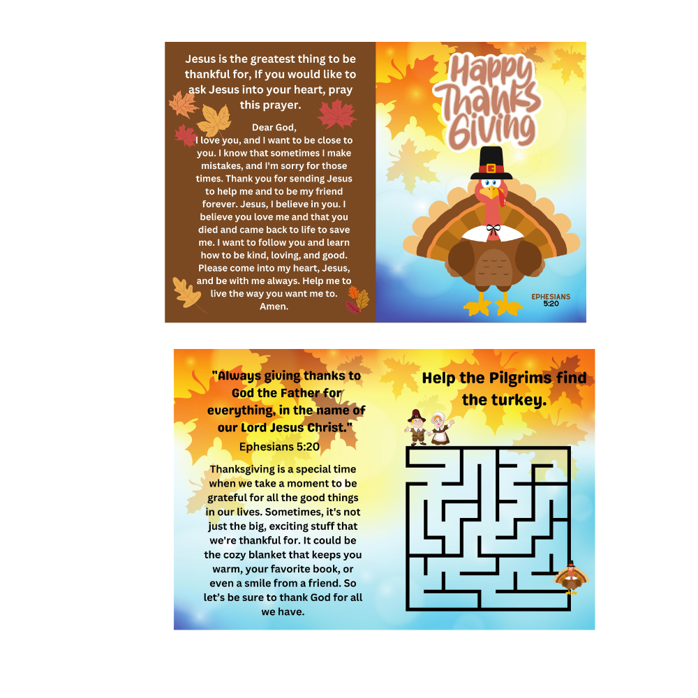Christian Thanksgiving Tracts for Children – 50 pack with maze and Bible scripture. Great for kids’ ministry, outreach programs, and Thanksgiving church services. Encourage kids to learn about faith and thankfulness with these colorful, engaging gospel handouts.