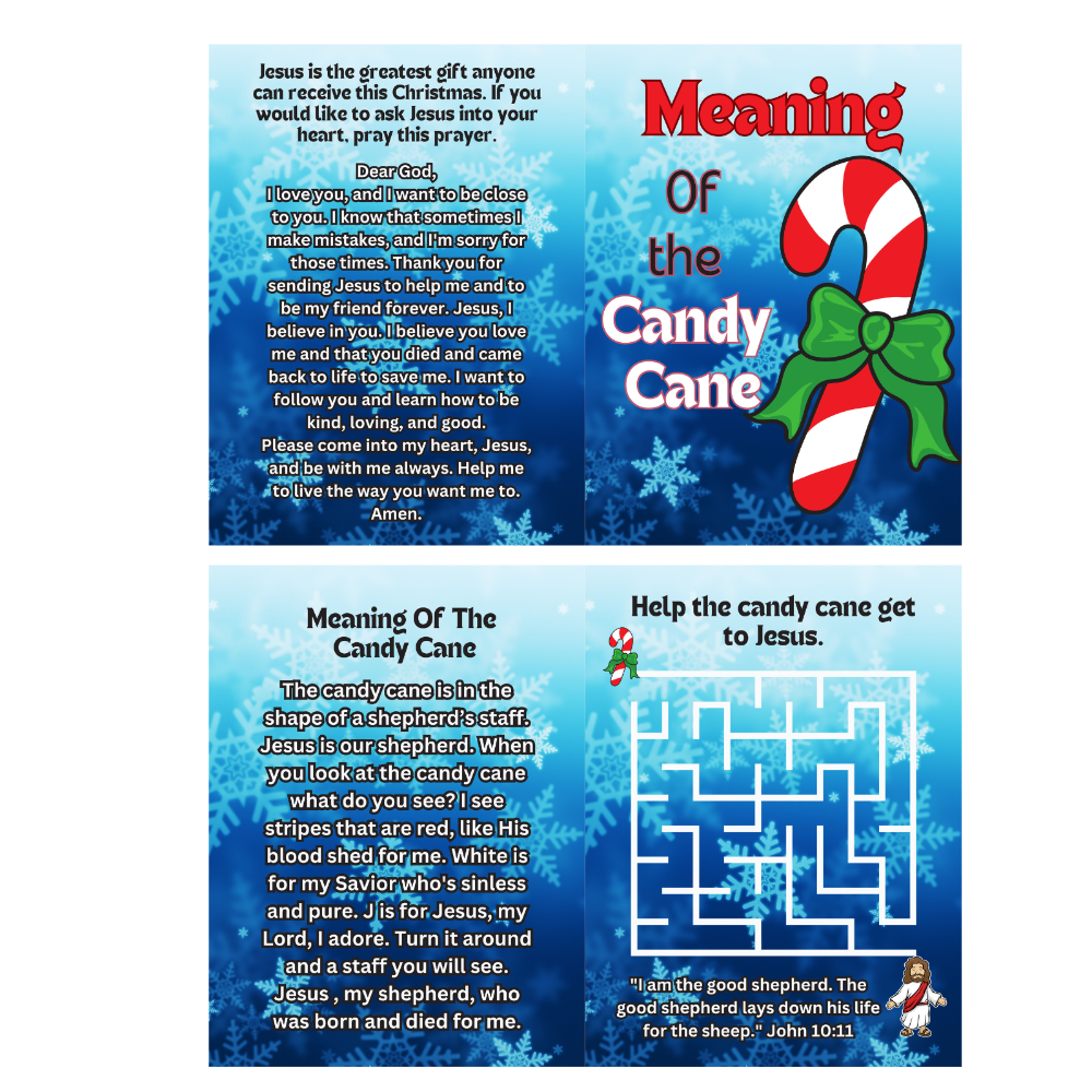 This colorful candy cane gospel tract teaches kids the true meaning of Christmas with a fun maze, a simple sinner’s prayer, and a Christ-centered message they can easily understand.