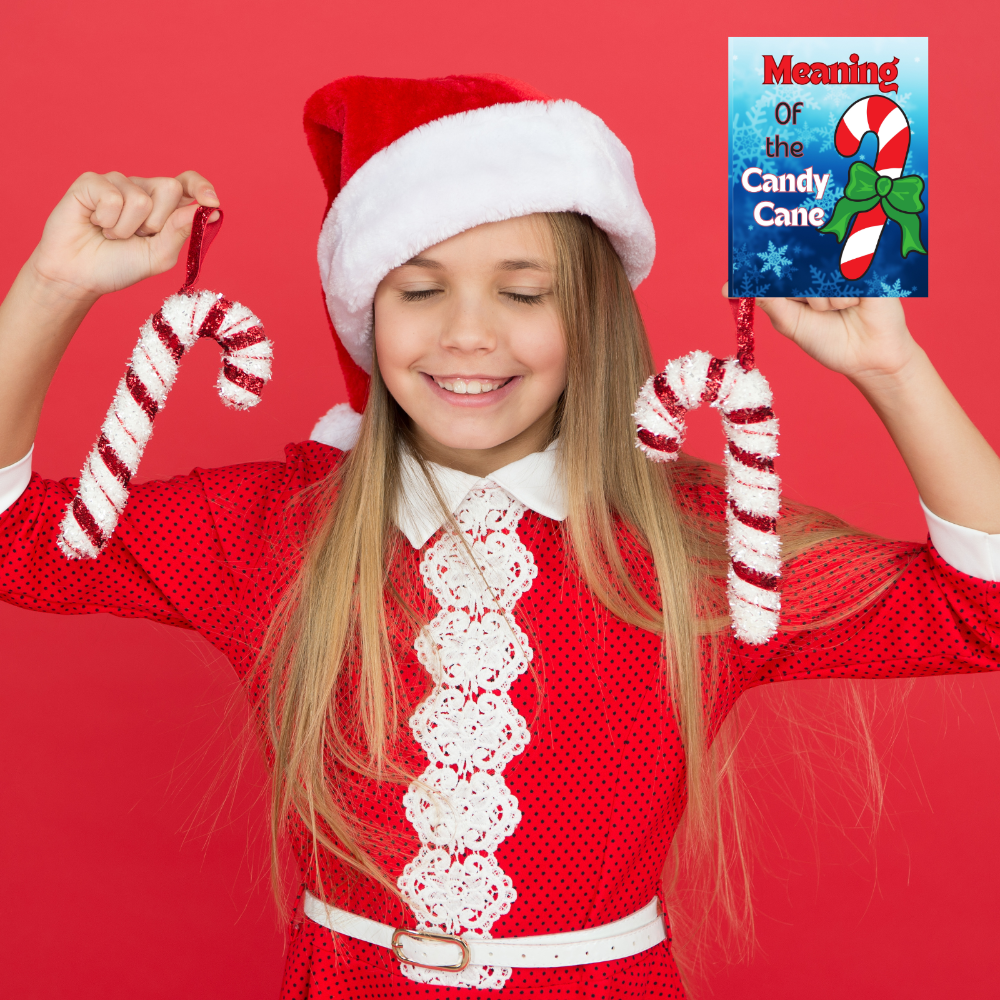 Girl with Santa hat on holding a meaning of the Candy Cane gospel tract.