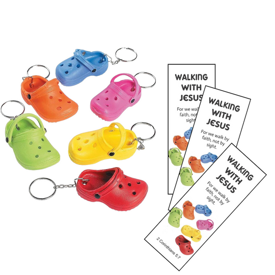 12 Sets Charming Mini Rubber Shoe Clog Keychains and Walking with Jesus Bookmarks- Christian Party Favors - Customizable Gifts