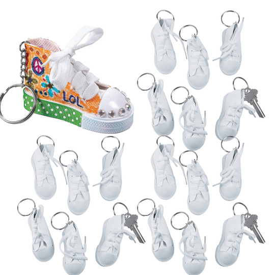 24 Bulk Count of Fun Color Your Own Mini White Running Sneaker Tennis Shoe Keychains