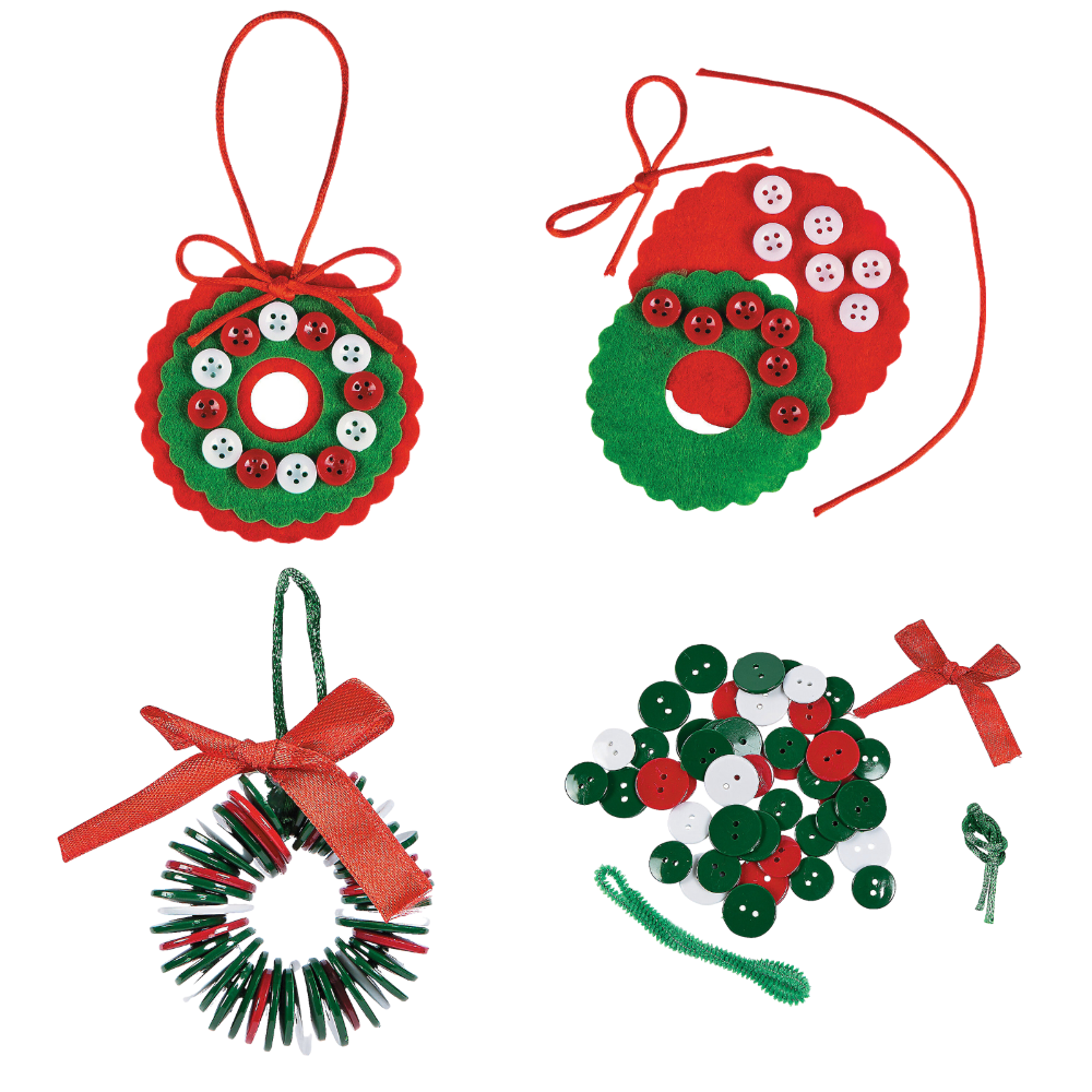 Bulk 24-Pack Christmas Button Wreath Ornament Craft Kits – 12 String-On and 12 Glue-On Felt Designs – Easy Holiday Crafts for Kids & Classrooms