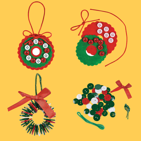 Bulk 24-Count Joyful Button Wreath Ornament Craft Kits - 2 Different Designs - 12 String On Button Wreaths - 12 Glue On Felt Button Christmas Wreaths