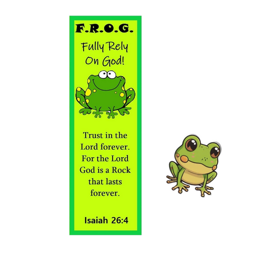 Fully Rely On God F.R.O.G. Bookmark With Frog Lapel Pin Gift Set