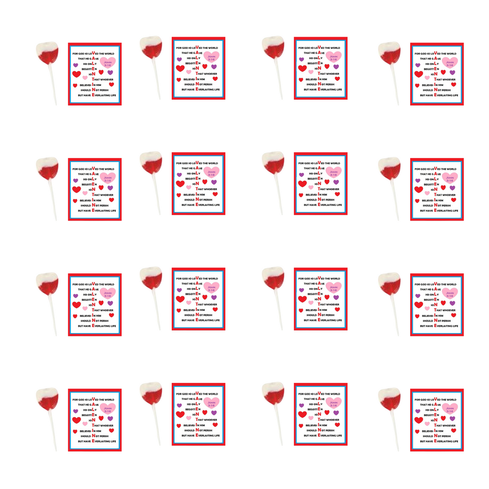 Bible Verse John 3:16 Valentine Exchange Candy And Cards With Heart Lollipops Suckers Candy, Classroom Bulk 32 Count