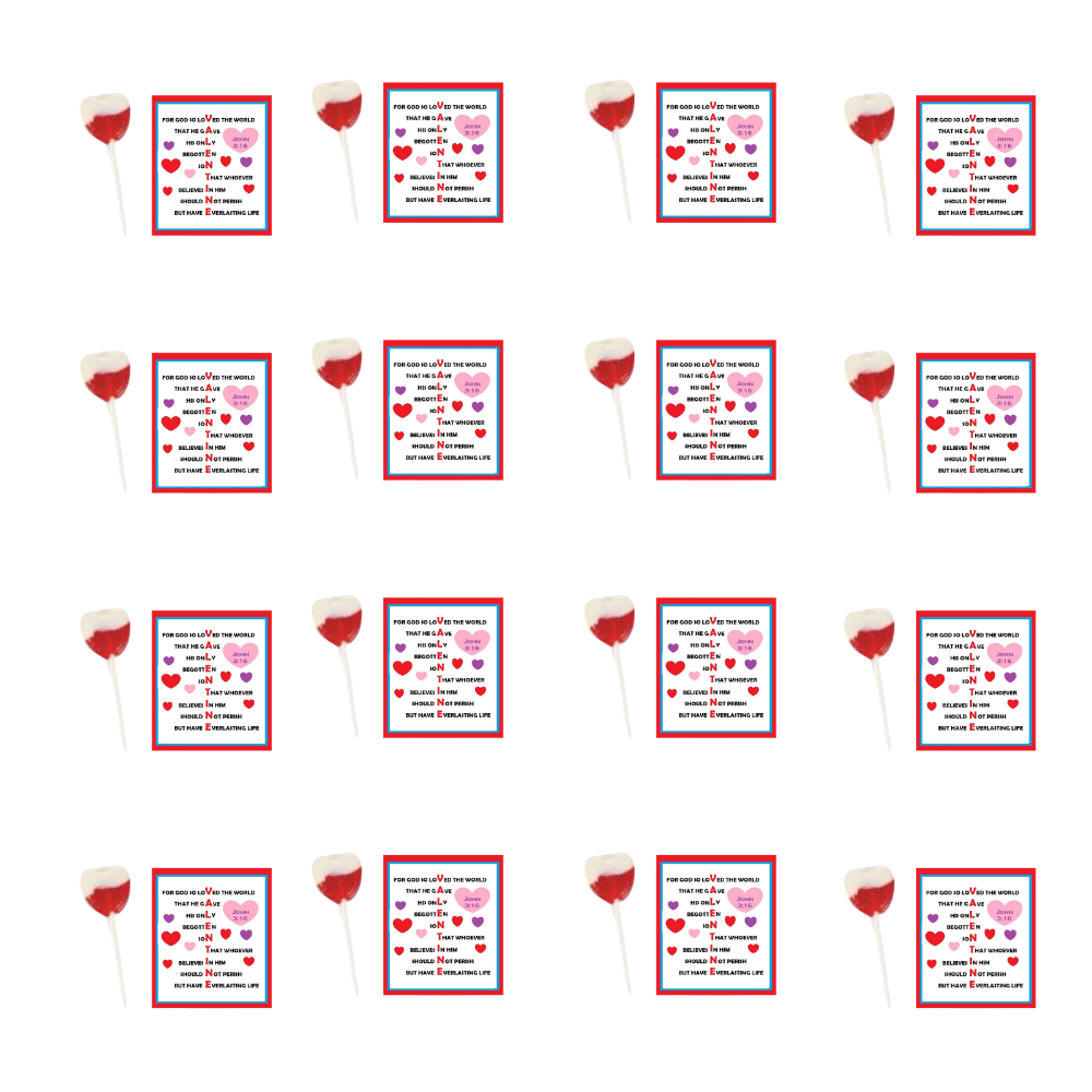Features John 3:16 Bible verse with heart-themed design Includes red swirl strawberries & cream heart-shaped lollipops