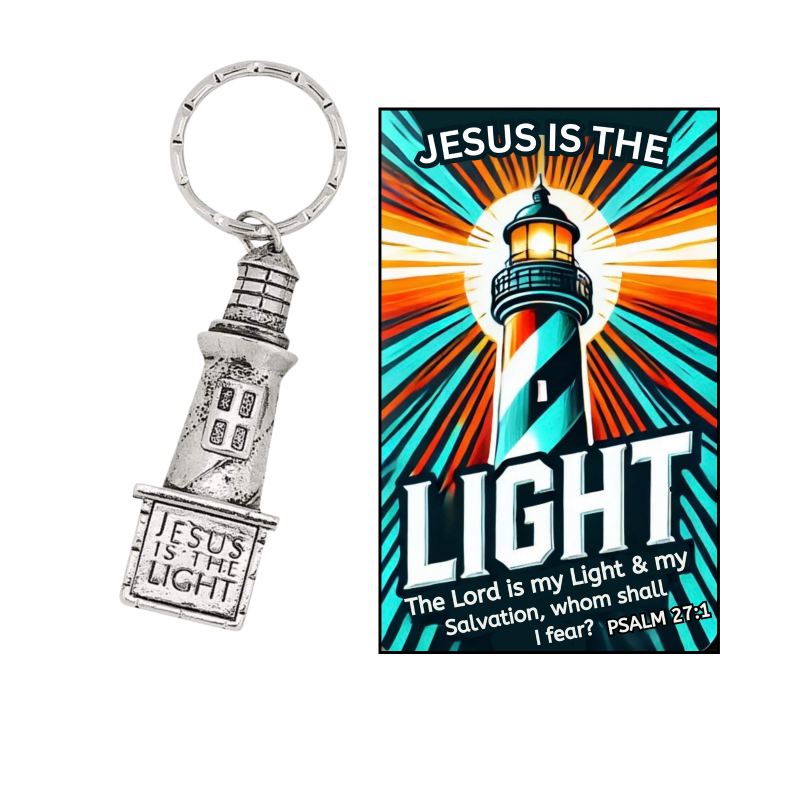 Jesus Is The Light Pewter Lighthouse keychains with Prayer Cards