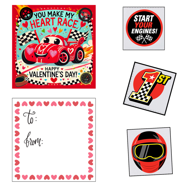 Race Car Valentine Cards with Tattoos for Kids, 24 Pack, Classroom Exchange