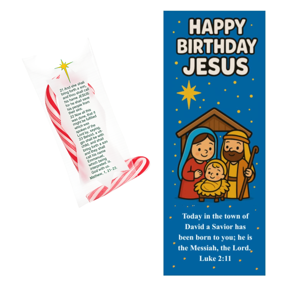 Share the sweetness of Christmas with mini peppermint candy canes wrapped in the powerful story of Jesus’ birth.