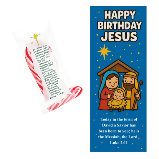 Share the sweetness of Christmas with mini peppermint candy canes wrapped in the powerful story of Jesus’ birth.
