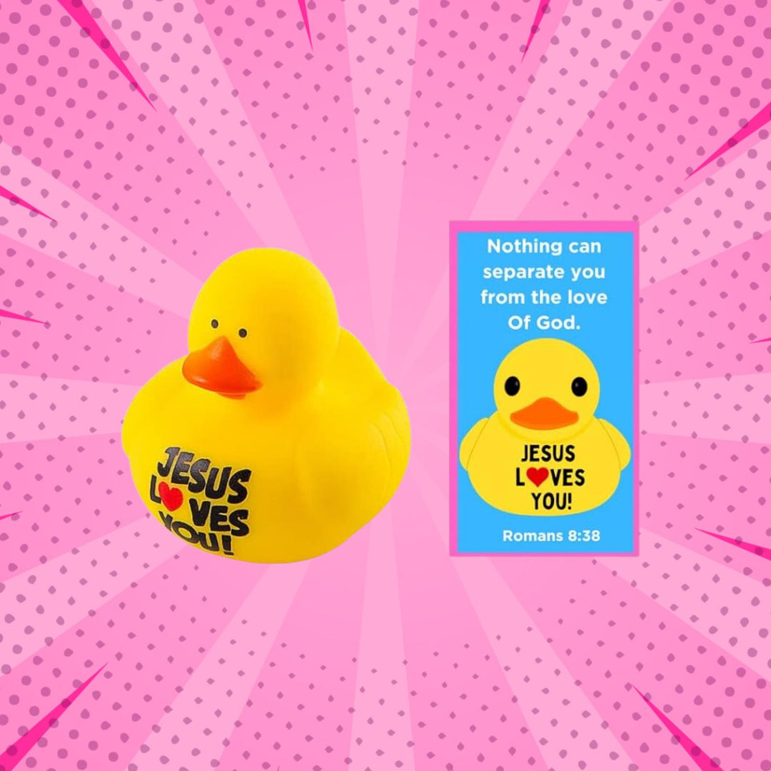 12 Sets of Jesus Loves You Pocket Prayer Bookmarks with Rubber Duckies Vinyl Mini Ducks Christian Party Favors