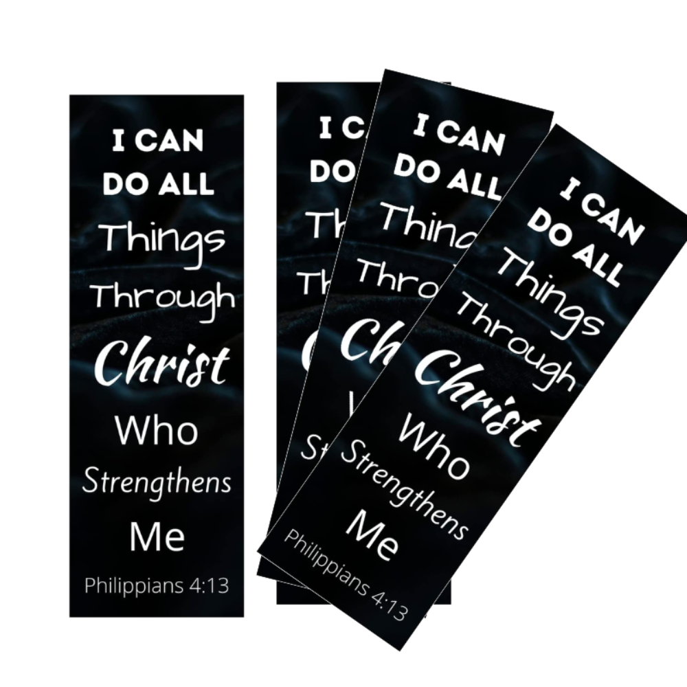 A set of three glossy-coated Christian bookmarks with the message 'I can do all things through Christ who strengthens me' from Philippians 4:13 on them, displayed on a white background.