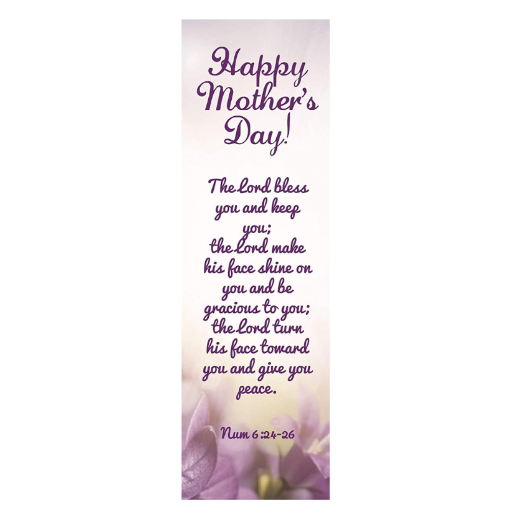 A bookmark featuring a purple floral design and the Bible verse Numbers 6:24-26, celebrating Mother's Day.