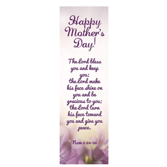 A bookmark featuring a purple floral design and the Bible verse Numbers 6:24-26, celebrating Mother's Day.