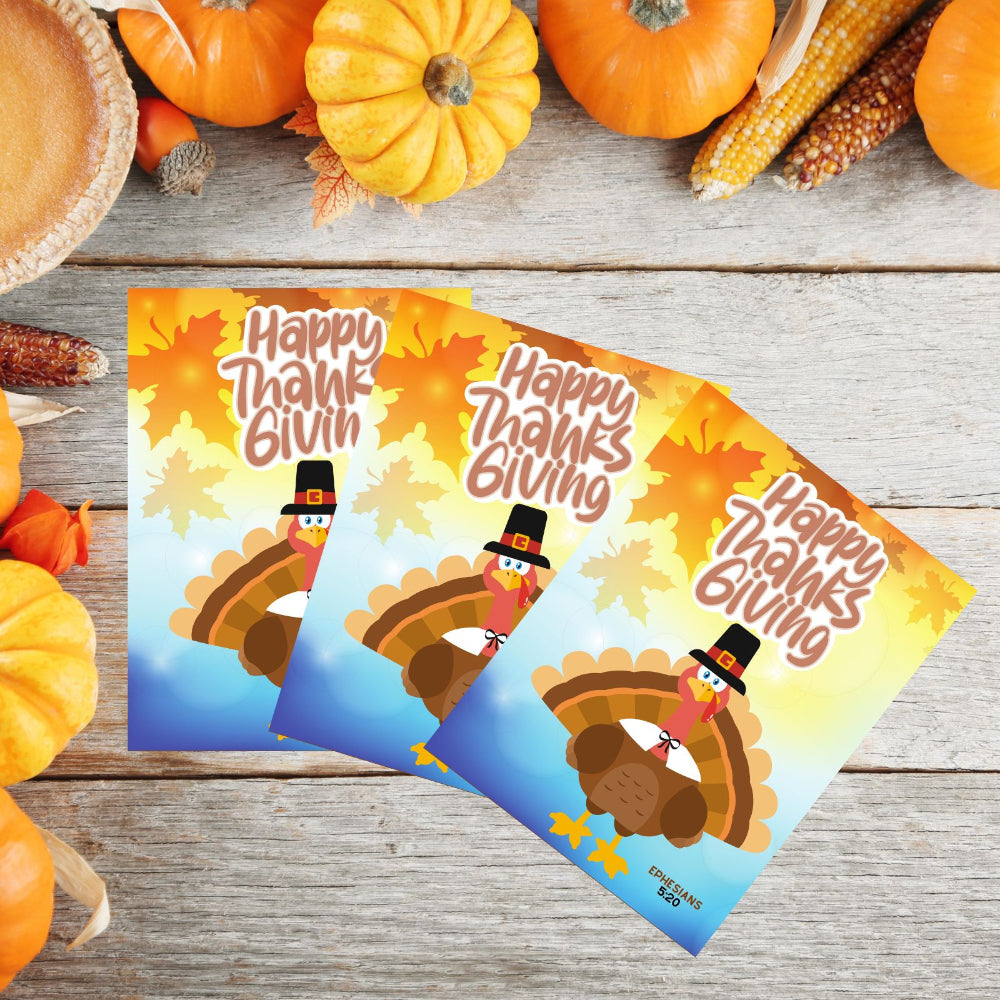 Set of 50 Christian Thanksgiving Gospel Tracts for Kids featuring Bible verse messages and a fun maze activity. Ideal for churches, ministries, and family Thanksgiving celebrations. Inspire gratitude, kindness, and faith in children while sharing the Gospel message this holiday season.